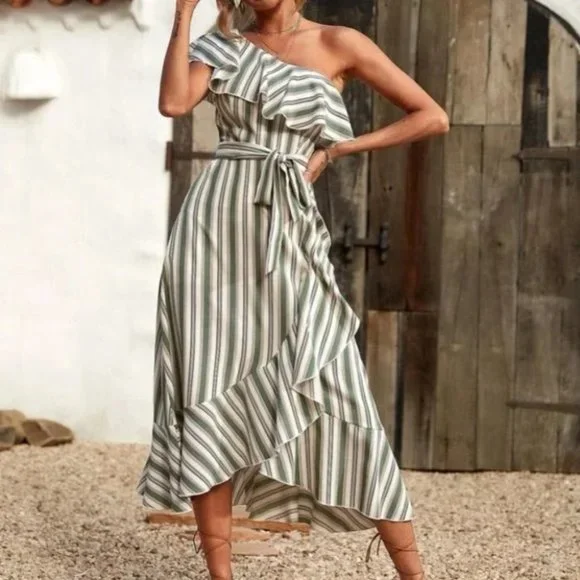 Striped ruffle hem belted one shoulder midi dress Boho - Picture 3 of 6